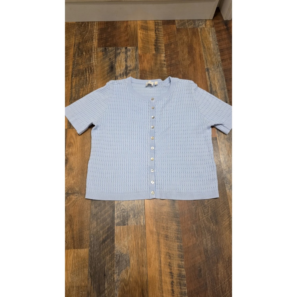 Cyrus The Cable Short Sleeve Cardigan Knit‎ Light Blue Button Front Sweater Sz L